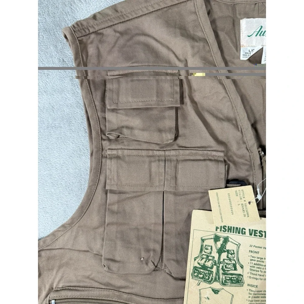 Ausable Fishing Vest Mens Large Tan Full Zip Cotton Twill Angler Outdoor NWT